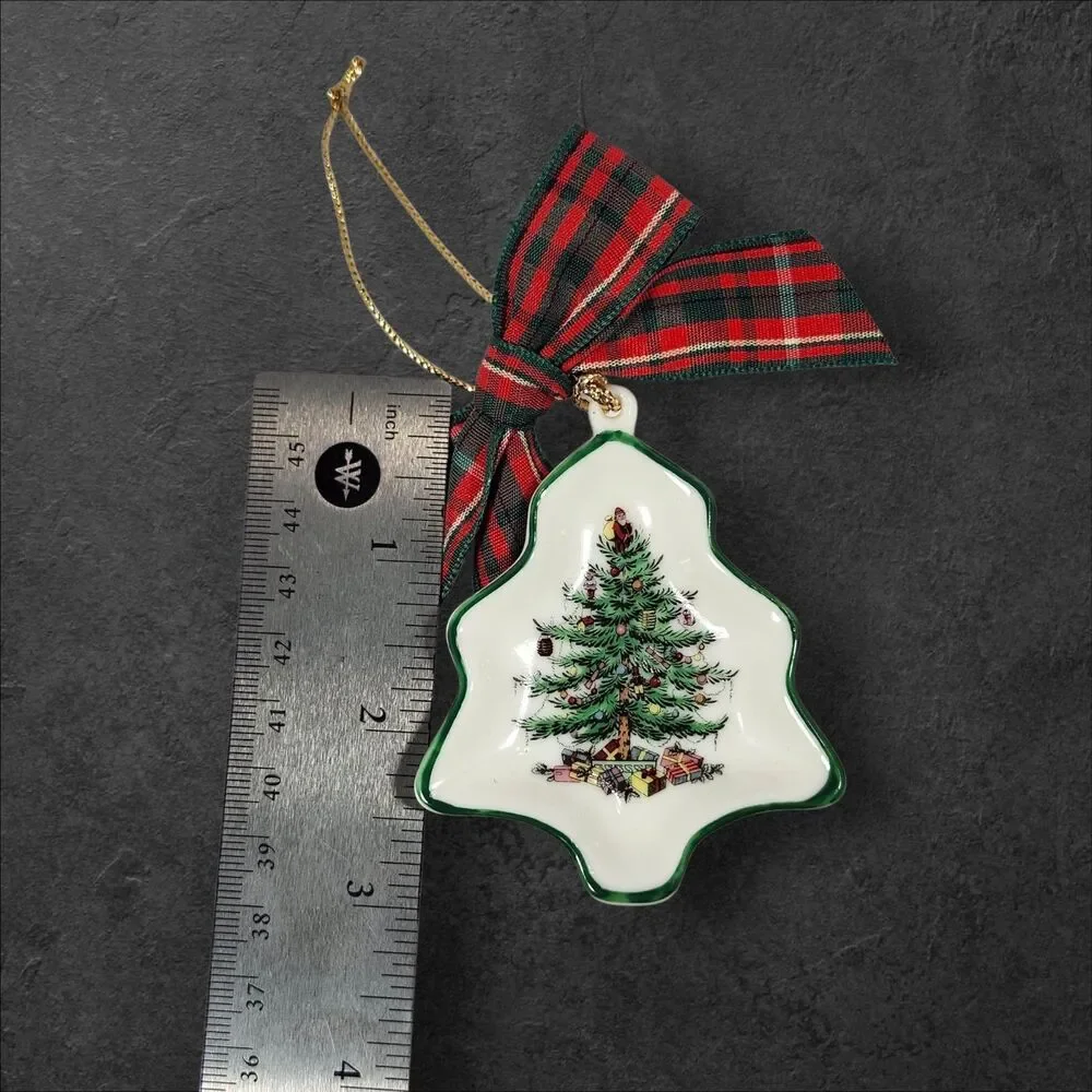 Spode Christmas Tree Ornament w/ Box Plaid Bow Porcelain Holiday Collectible